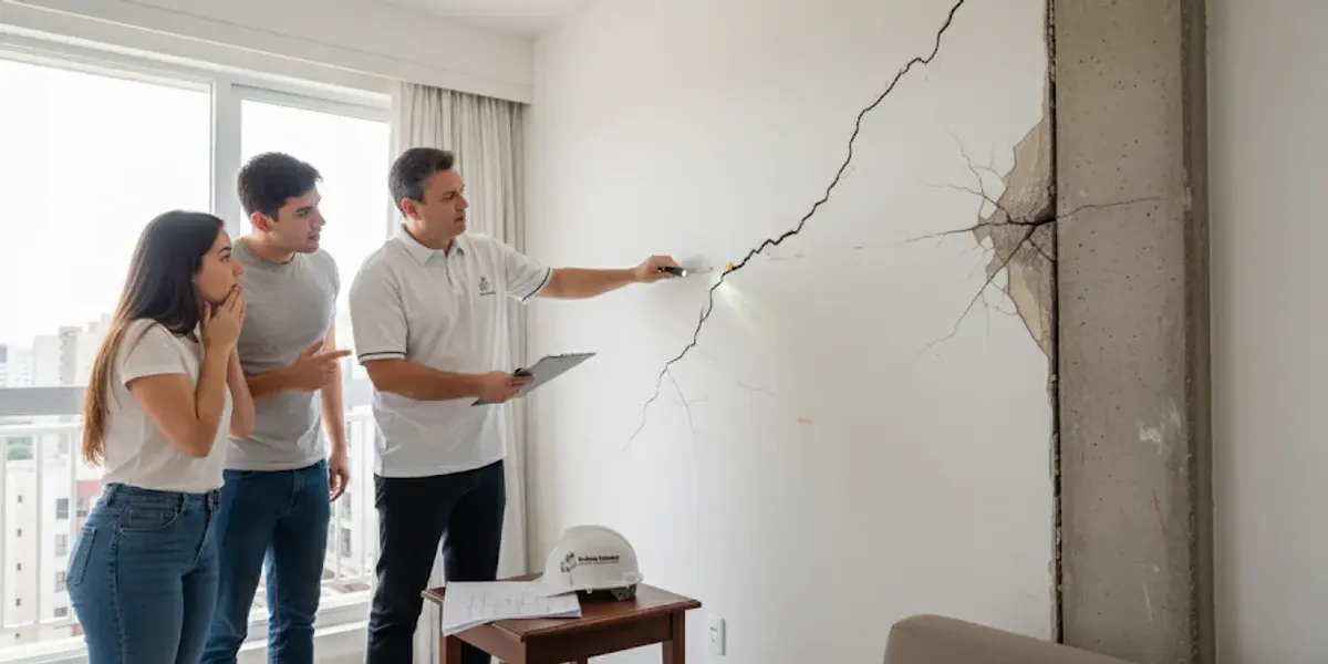 Engenheiro aponta uma trinca na parede da sala enquanto explica o problema aos moradores
