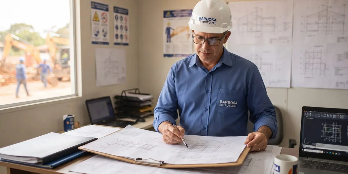 Engenheiro de capacete analisa plantas estruturais sobre a prancheta, em escritório de obra
