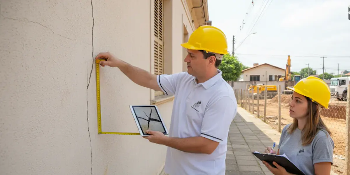 Engenheiro mede a abertura de uma fissura na fachada com trena enquanto a colega registra os dados